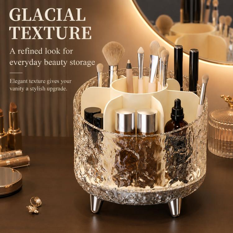 360-degree Rotating Makeup Organizer with 7 Compartments Glacial Texture Spinning Cosmetic Storage Vanity Organizer Clear Brush Holder - 13.5x13.5x12.5cm