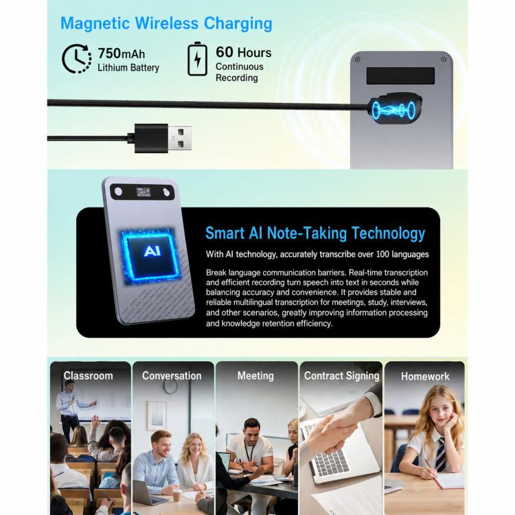 B86 Intelligent Noise-Reduction & Transcription Card-Shaped Voice Recorder, Bluetooth Magnetic AI Translator, Spec: 32GB