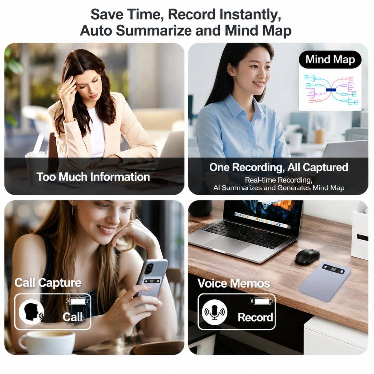 B86 Intelligent Noise-Reduction & Transcription Card-Shaped Voice Recorder, Bluetooth Magnetic AI Translator, Spec: 64GB