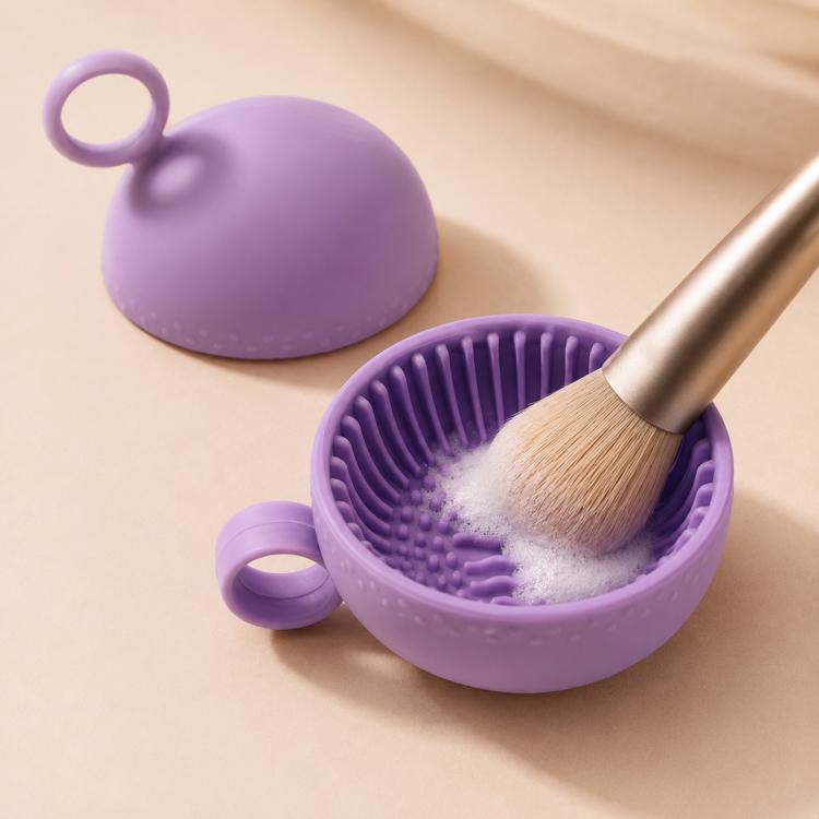 Handheld Silicone Makeup Brush Cleaning Bowl 2-in-1 Travel Cosmetic Brush Scrubber Cup with Hanging Loop - Purple