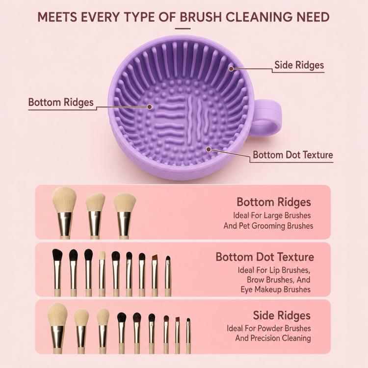 Handheld Silicone Makeup Brush Cleaning Bowl 2-in-1 Travel Cosmetic Brush Scrubber Cup with Hanging Loop - Purple