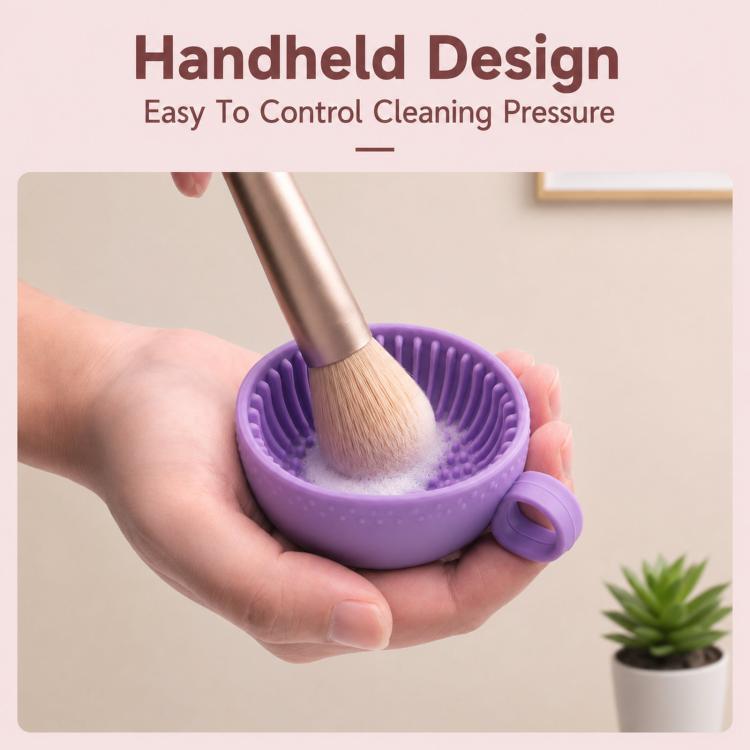 Handheld Silicone Makeup Brush Cleaning Bowl 2-in-1 Travel Cosmetic Brush Scrubber Cup with Hanging Loop - Purple