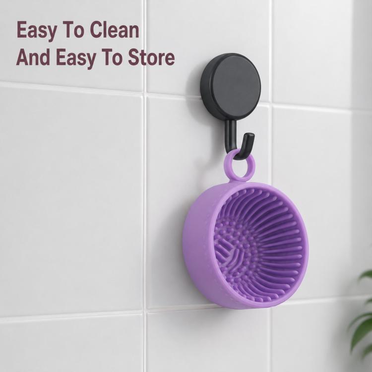 Handheld Silicone Makeup Brush Cleaning Bowl 2-in-1 Travel Cosmetic Brush Scrubber Cup with Hanging Loop - Purple