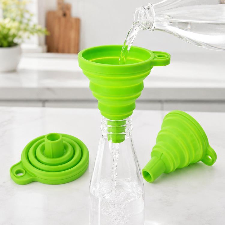 3pcs /Pack Food-Grade Silicone Collapsible Funnel Portable Folding Telescopic Funnel For Kitchen & Household Liquid Dispensing - Green
