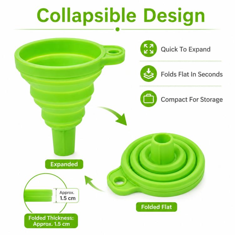 3pcs /Pack Food-Grade Silicone Collapsible Funnel Portable Folding Telescopic Funnel For Kitchen & Household Liquid Dispensing - Green
