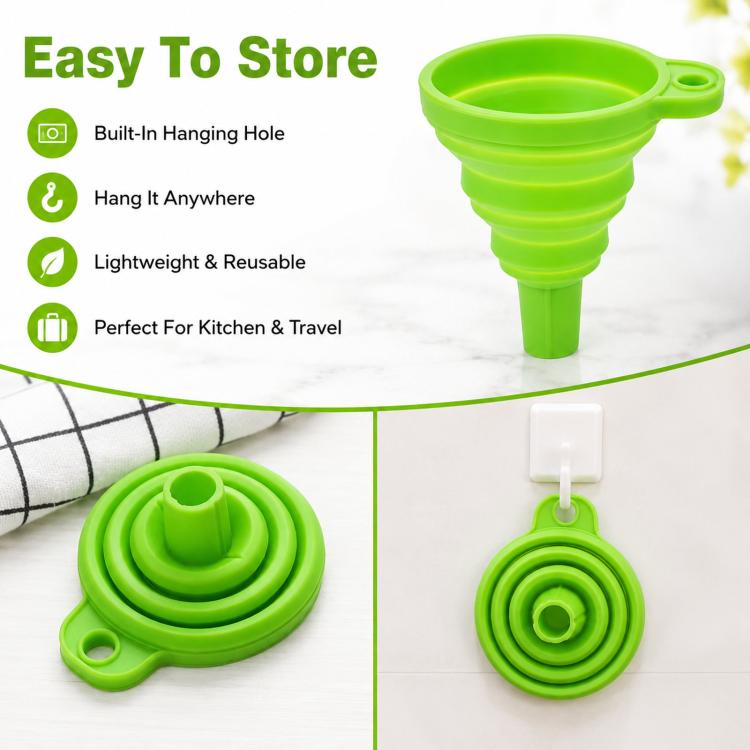 3pcs /Pack Food-Grade Silicone Collapsible Funnel Portable Folding Telescopic Funnel For Kitchen & Household Liquid Dispensing - Green