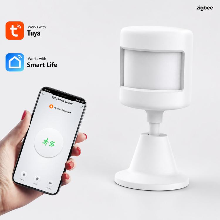 Tuya Zigbee PIR Motion Sensor Smart Human Motion Detector Wireless Home Security Alarm with 360-degree Rotating Base - White
