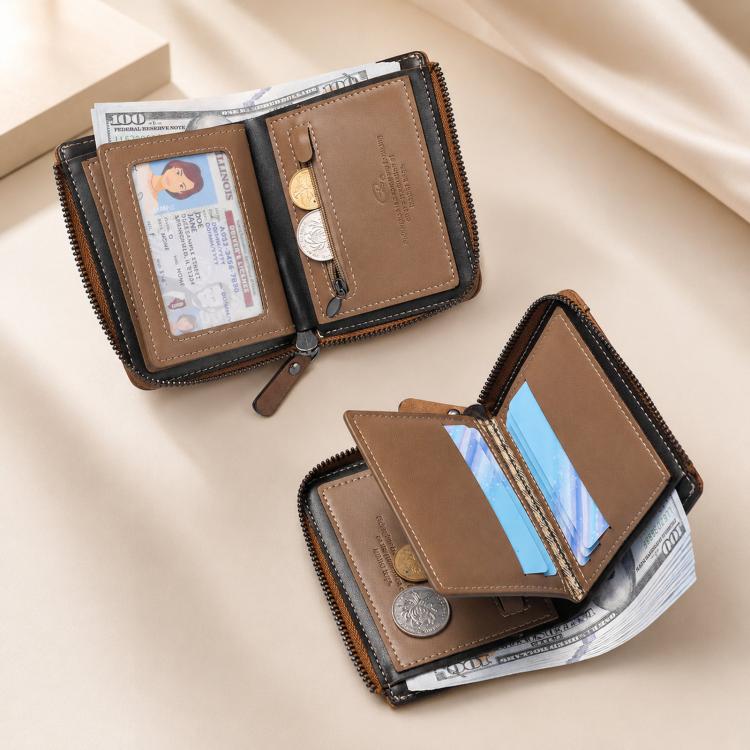 Mens Zipper Wallet Bifold Vintage PU Leather Card Holder with Coin Pocket, Multi Card Slots ID Window Large Capacity Zip Around Pocketbook for Men - Deep Coffee