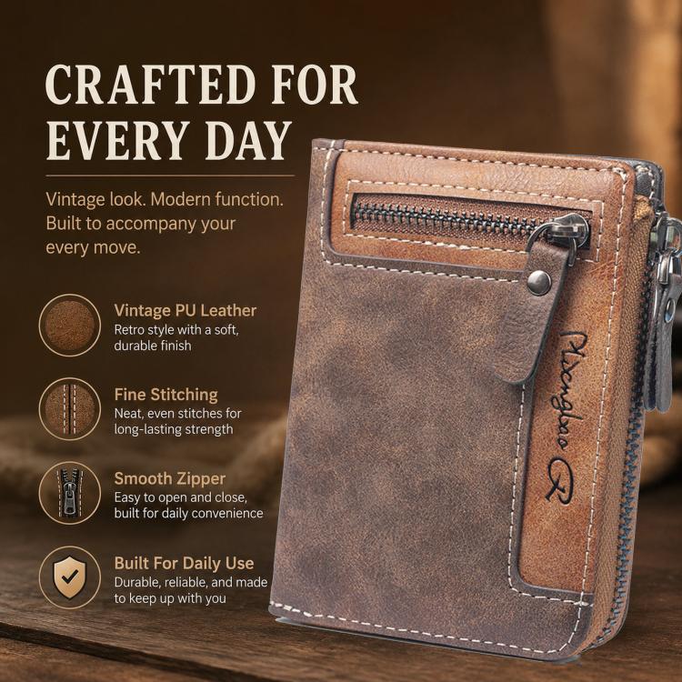 Mens Zipper Wallet Bifold Vintage PU Leather Card Holder with Coin Pocket, Multi Card Slots ID Window Large Capacity Zip Around Pocketbook for Men - Deep Coffee