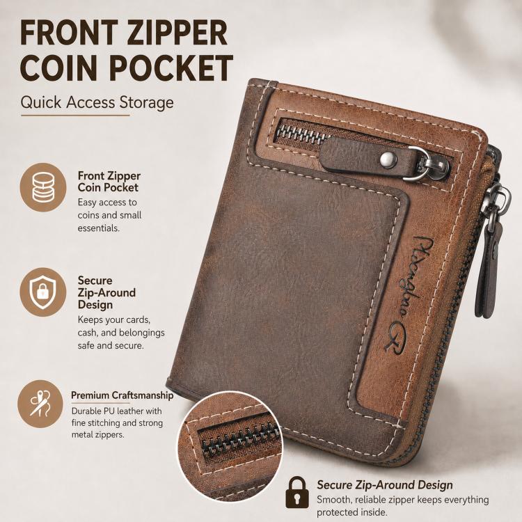 Mens Zipper Wallet Bifold Vintage PU Leather Card Holder with Coin Pocket, Multi Card Slots ID Window Large Capacity Zip Around Pocketbook for Men - Deep Coffee