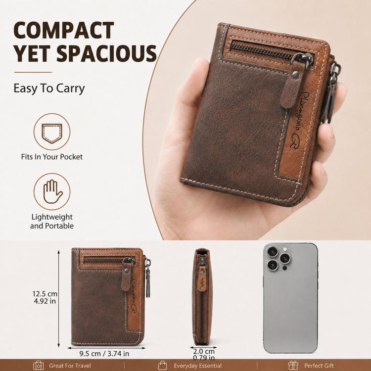 Mens Zipper Wallet Bifold Vintage PU Leather Card Holder with Coin Pocket, Multi Card Slots ID Window Large Capacity Zip Around Pocketbook for Men - Deep Coffee