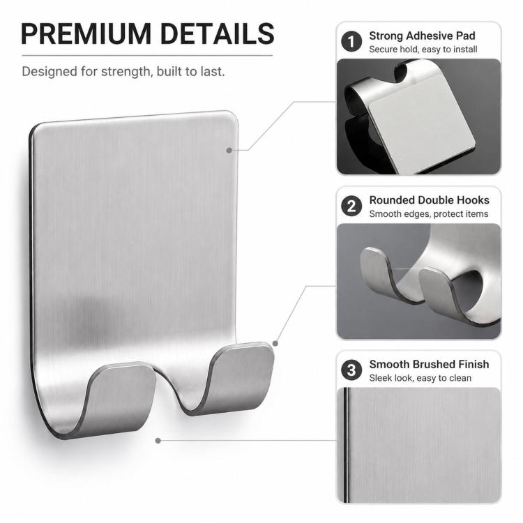 2pcs /Pack Adhesive Stainless Steel Razor Holder for Shower Wall No-Drill Shaver Hanger Utility Storage Hook Multi-Purpose Wall Organizer - Silver