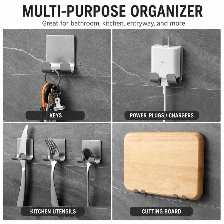 2pcs /Pack Adhesive Stainless Steel Razor Holder for Shower Wall No-Drill Shaver Hanger Utility Storage Hook Multi-Purpose Wall Organizer - Silver