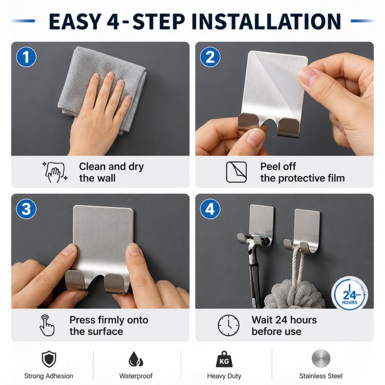 2pcs /Pack Adhesive Stainless Steel Razor Holder for Shower Wall No-Drill Shaver Hanger Utility Storage Hook Multi-Purpose Wall Organizer - Silver