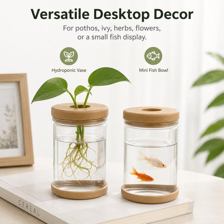 PET Plastic Hydroponic Planter Clear Self-Watering Plant Pot with Soft Silicone Plug & Non-Slip Base, Shatterproof Desktop Vase and Mini Fish Bowl for Pothos, Ivy, Herbs - NO.83