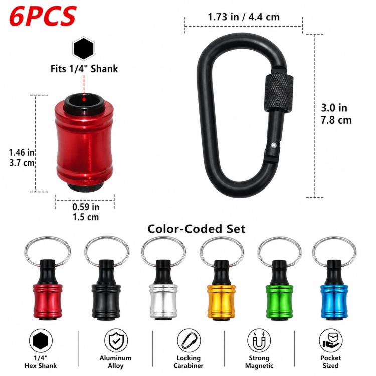 1/4 Inch Hex Shank Screwdriver Bit Holder Keychain 6-Piece Quick Release Extension Bar Set with Locking Carabiner - Mixed-color