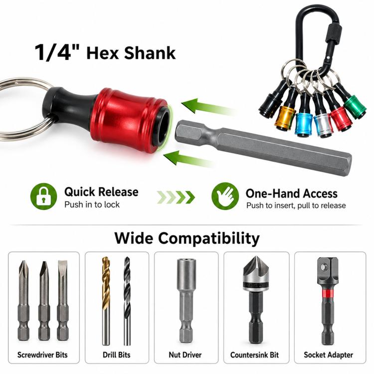 1/4 Inch Hex Shank Screwdriver Bit Holder Keychain 6-Piece Quick Release Extension Bar Set with Locking Carabiner - Mixed-color