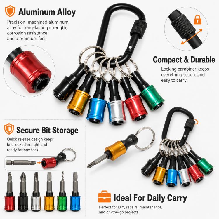 1/4 Inch Hex Shank Screwdriver Bit Holder Keychain 6-Piece Quick Release Extension Bar Set with Locking Carabiner - Mixed-color