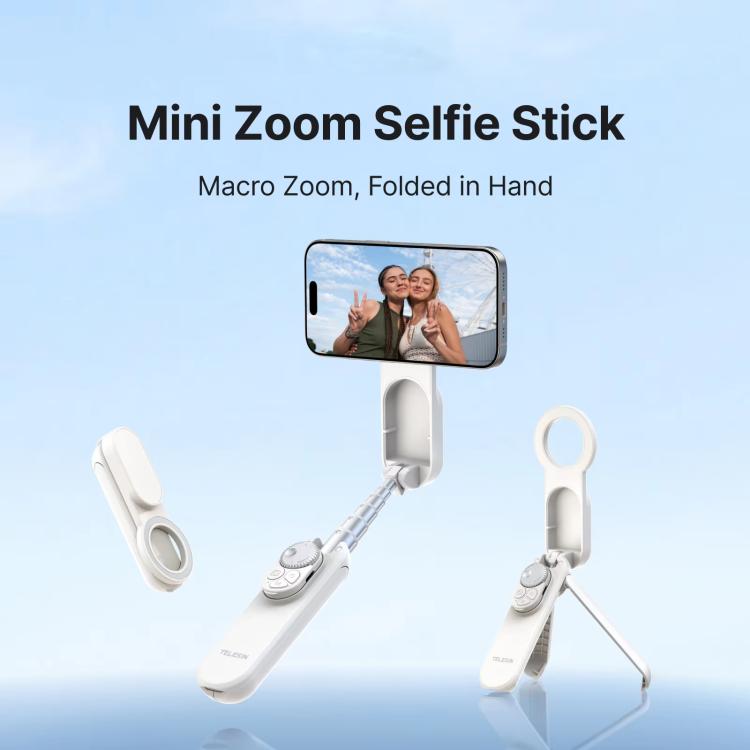 TELESIN Magnetic Phone Selfie Stick Zoom Control Tripod 13cm Pocket-Sized Foldable Lightweight Aluminum Travel Phone Holder - White