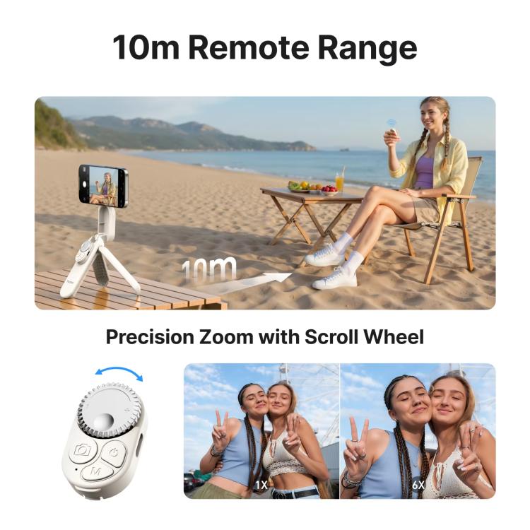 TELESIN Magnetic Phone Selfie Stick Zoom Control Tripod 13cm Pocket-Sized Foldable Lightweight Aluminum Travel Phone Holder - White