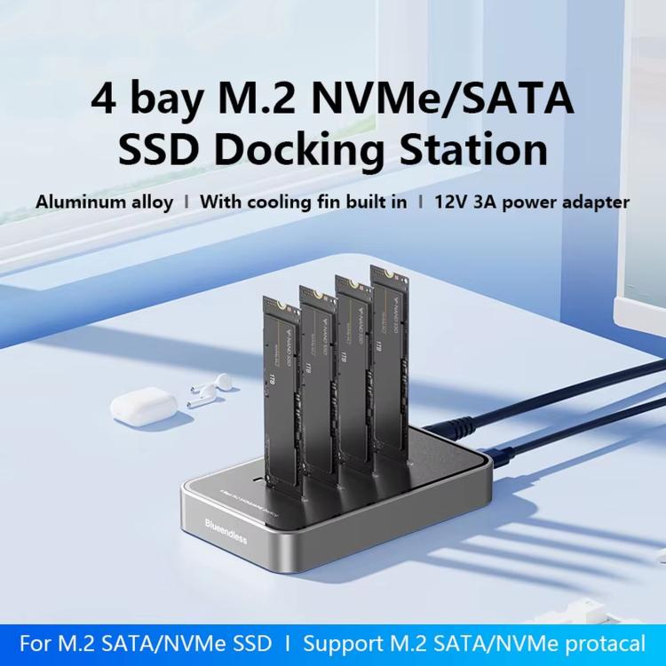 Blueendless DB2804SNA 4-Bay M.2 NVMe/SATA SSD Docking Station USB-C 10Gbps Aluminum SSD Case Supports Max 32TB