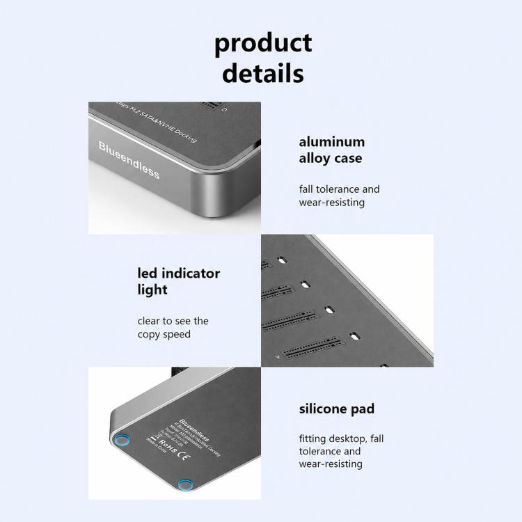 Blueendless DB2804SNA 4-Bay M.2 NVMe/SATA SSD Docking Station USB-C 10Gbps Aluminum SSD Case Supports Max 32TB