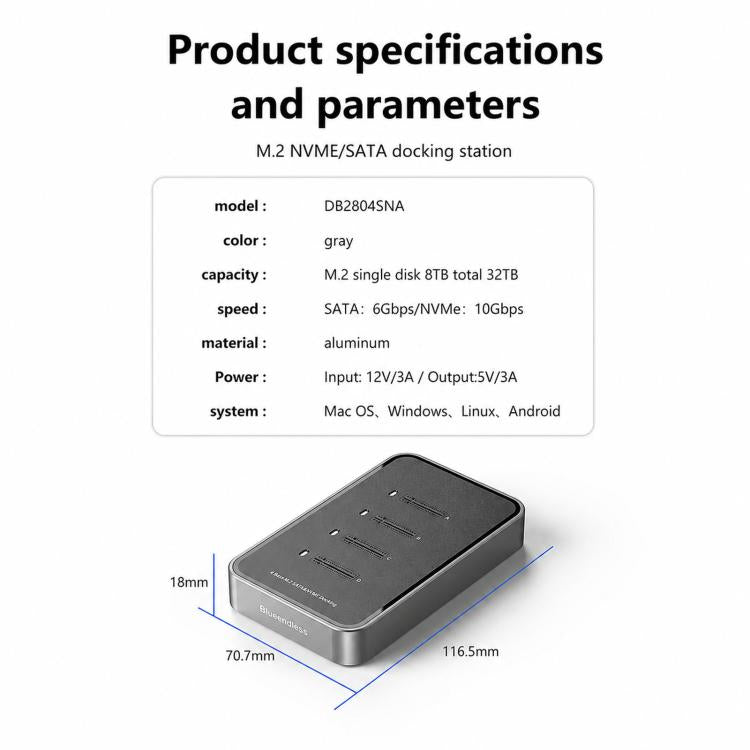 Blueendless DB2804SNA 4-Bay M.2 NVMe/SATA SSD Docking Station USB-C 10Gbps Aluminum SSD Case Supports Max 32TB