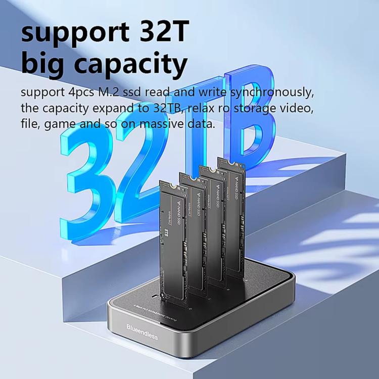 Blueendless DB2804SNA 4-Bay M.2 NVMe/SATA SSD Docking Station USB-C 10Gbps Aluminum SSD Case Supports Max 32TB