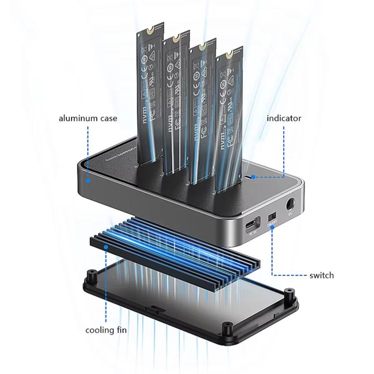 Blueendless DB2804SNA 4-Bay M.2 NVMe/SATA SSD Docking Station USB-C 10Gbps Aluminum SSD Case Supports Max 32TB