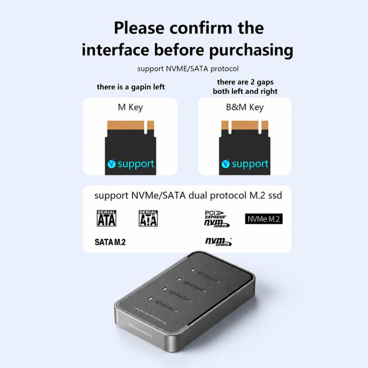Blueendless DB2804SNA 4-Bay M.2 NVMe/SATA SSD Docking Station USB-C 10Gbps Aluminum SSD Case Supports Max 32TB
