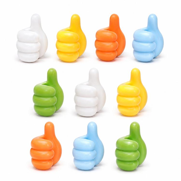 10pcs /Pack Thumbs Up Wall Hooks Cute Adhesive Cable Clips Cord Organizer Multipurpose Desktop Utility Finger Hanger - Random Color Delivery