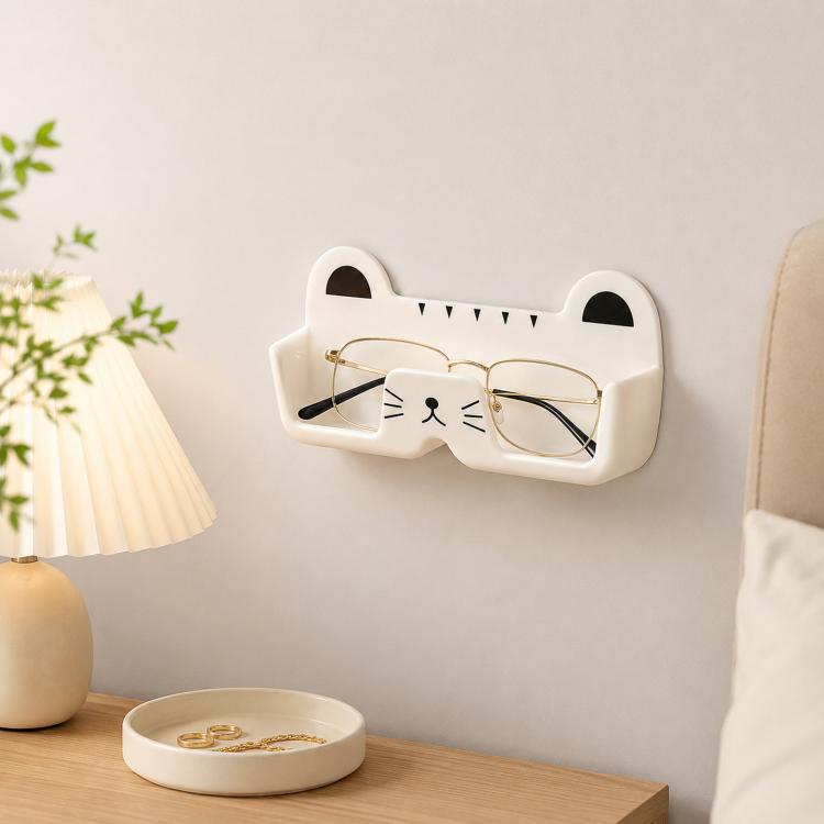 Cute Cat Wall Mounted Glasses Holder Punch-Free Adhesive Eyeglass Organizer Stand Space-Saving Sunglasses Storage Box for Bedside, Closet, Vanity, Car - White