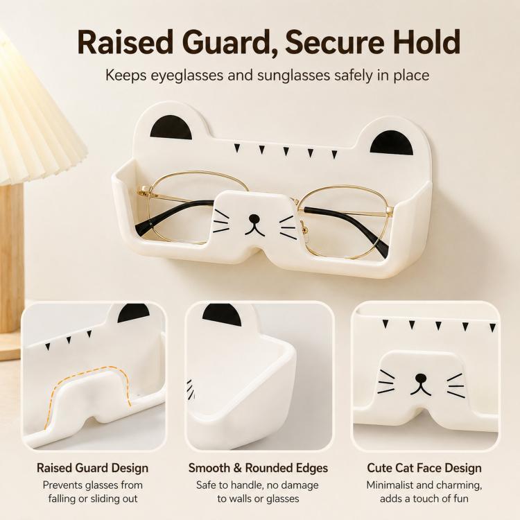 Cute Cat Wall Mounted Glasses Holder Punch-Free Adhesive Eyeglass Organizer Stand Space-Saving Sunglasses Storage Box for Bedside, Closet, Vanity, Car - White
