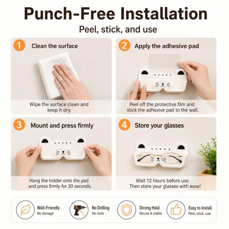 Cute Cat Wall Mounted Glasses Holder Punch-Free Adhesive Eyeglass Organizer Stand Space-Saving Sunglasses Storage Box for Bedside, Closet, Vanity, Car - White