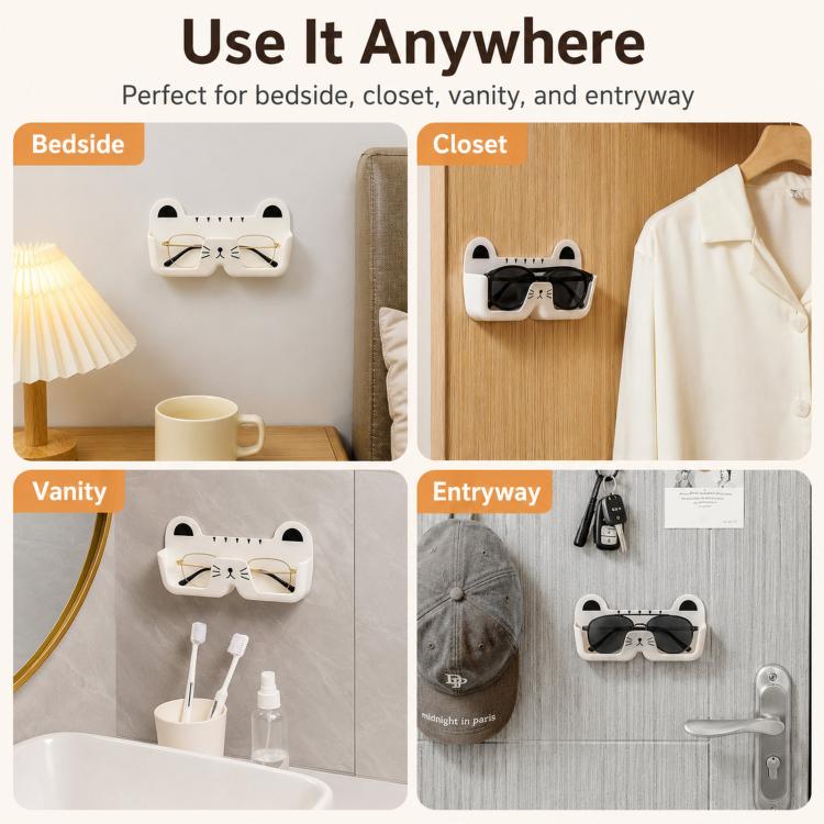 Cute Cat Wall Mounted Glasses Holder Punch-Free Adhesive Eyeglass Organizer Stand Space-Saving Sunglasses Storage Box for Bedside, Closet, Vanity, Car - White