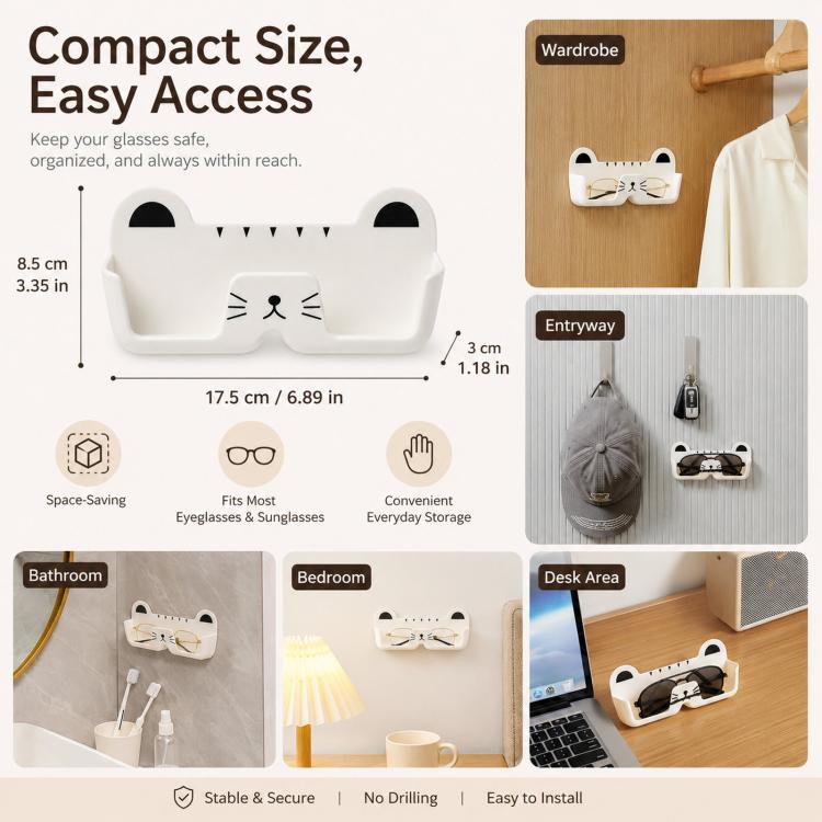 Cute Cat Wall Mounted Glasses Holder Punch-Free Adhesive Eyeglass Organizer Stand Space-Saving Sunglasses Storage Box for Bedside, Closet, Vanity, Car - White