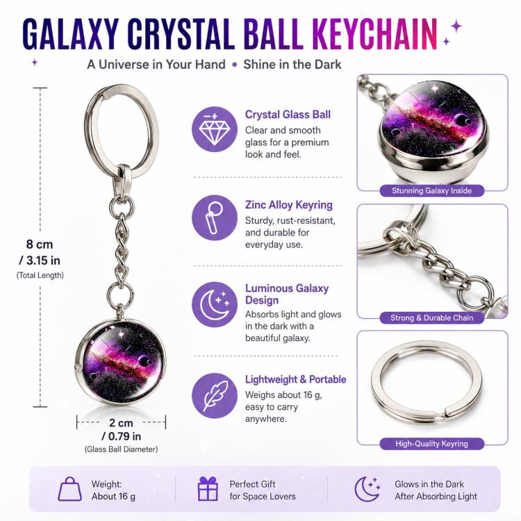 3D Galaxy Crystal Ball Keychain Glow in the Dark Planet Pendant Luminous Cosmic Starry Sky Pocket Keyring for Car Keys, Backpack - Neon 014