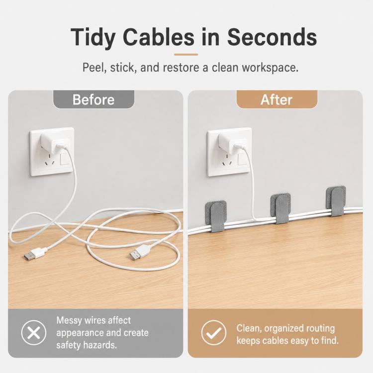10pcs /Pack Adhesive Cable Organizer Reusable Hook And Loop Fastener Cord Keeper Strips For Appliance Under Desk Wire Management Clips - Gray