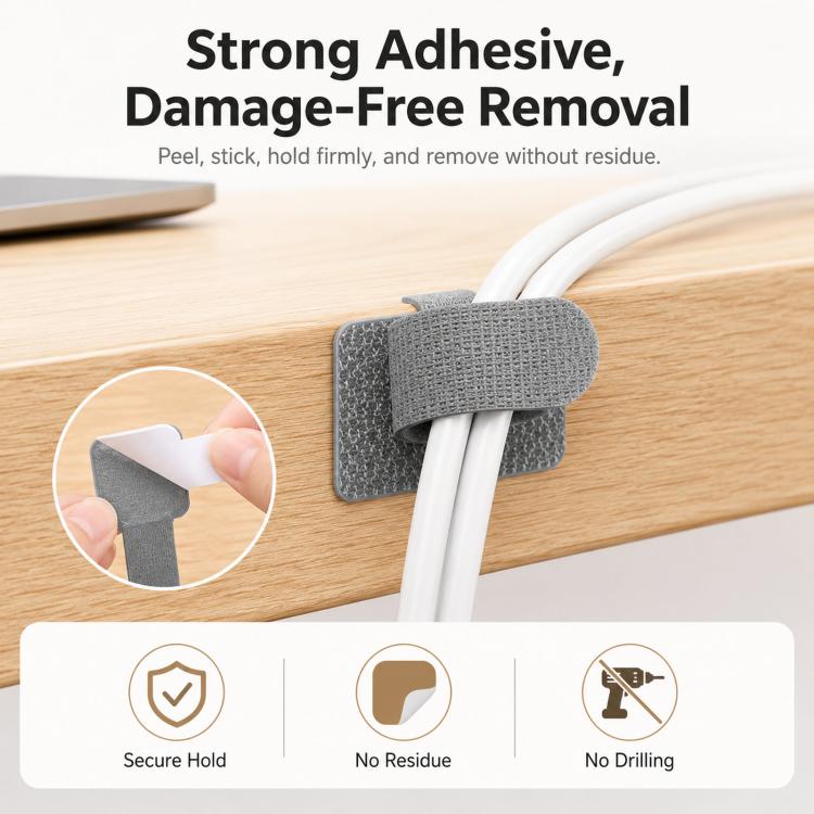 10pcs /Pack Adhesive Cable Organizer Reusable Hook And Loop Fastener Cord Keeper Strips For Appliance Under Desk Wire Management Clips - Gray