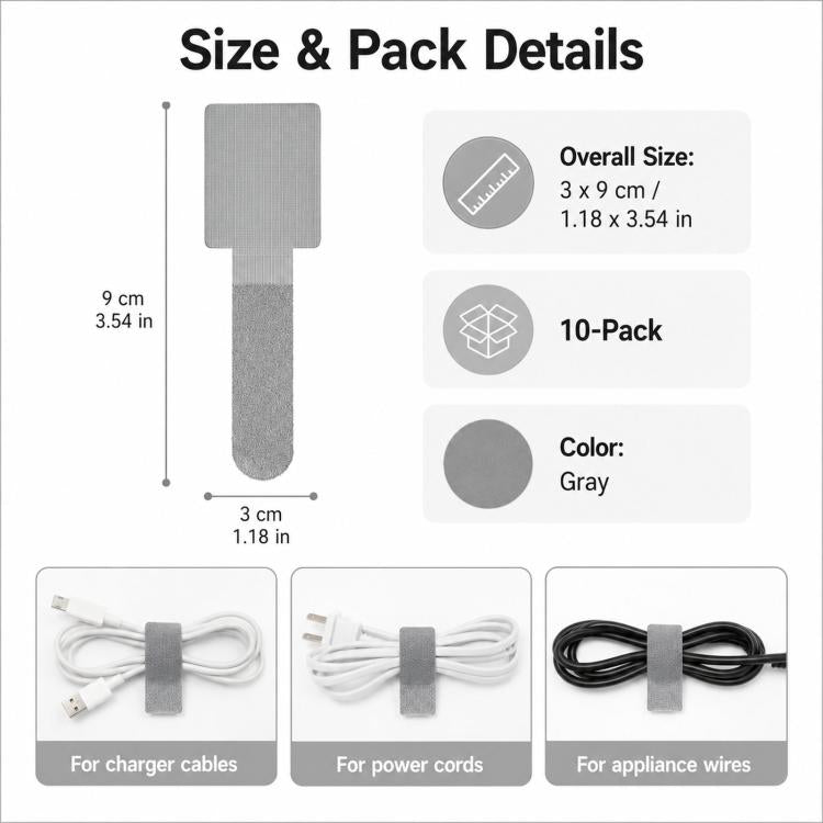 10pcs /Pack Adhesive Cable Organizer Reusable Hook And Loop Fastener Cord Keeper Strips For Appliance Under Desk Wire Management Clips - Gray