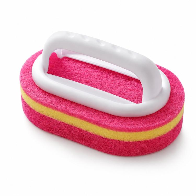 Multi-Purpose Scrub Sponge Brush With Handle Non-Scratch 3-Layer Thickened Polyester Fiber Scouring Pad For Pots, Pans, Stove