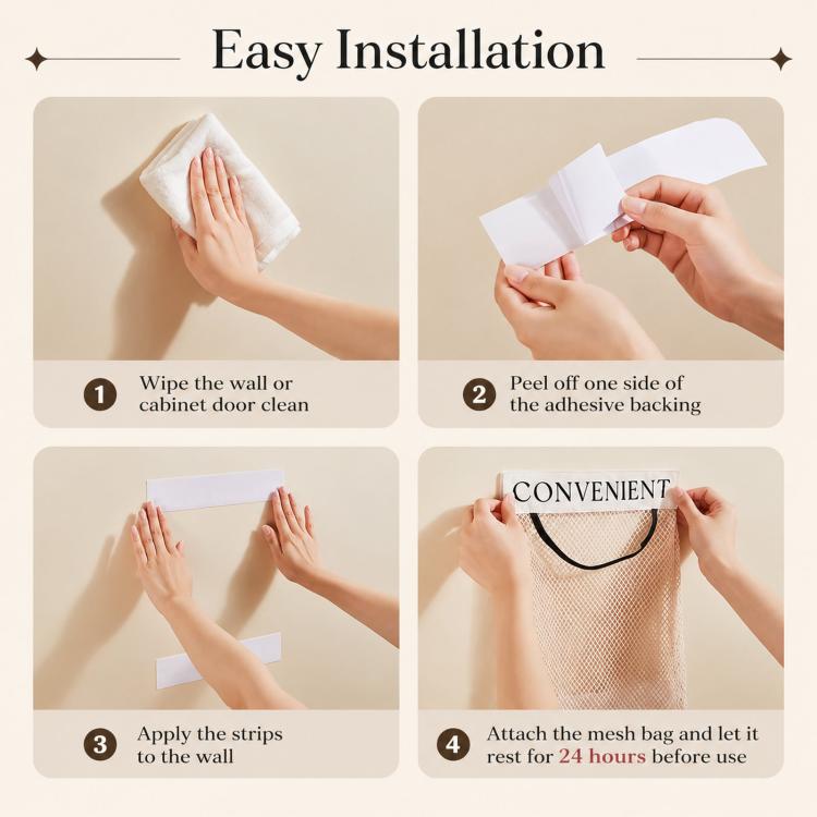 2pcs /Pack Grocery Bag Holder, Detachable Wall-Mount Mesh Storage Bag With Adhesive Hook And Loop, Elastic Plastic Bag Dispenser For Kitchen Cabinet Door - Beige