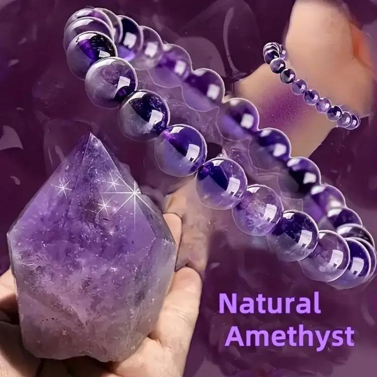 Natural Amethyst Beaded Bracelet Purple Crystal Healing Stone Stretch Bracelet, Mindful Spiritual Meditation Gemstone Jewelry Gift - A Purple