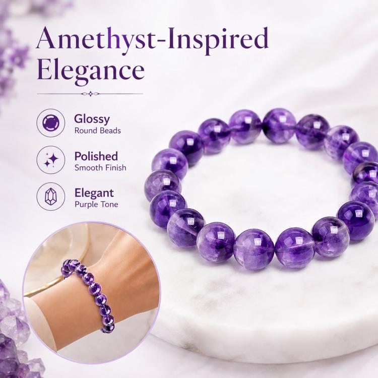 Natural Amethyst Beaded Bracelet Purple Crystal Healing Stone Stretch Bracelet, Mindful Spiritual Meditation Gemstone Jewelry Gift - A Purple