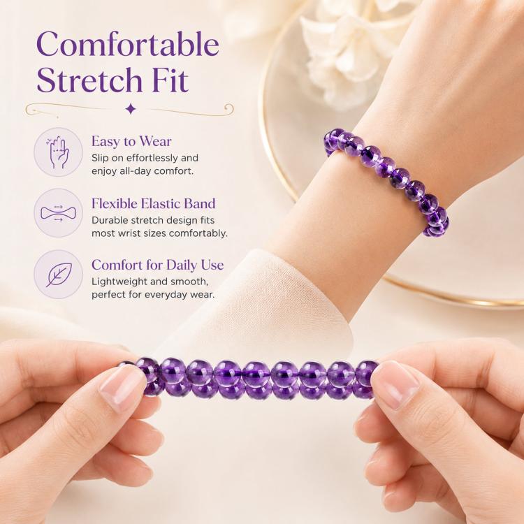 Natural Amethyst Beaded Bracelet Purple Crystal Healing Stone Stretch Bracelet, Mindful Spiritual Meditation Gemstone Jewelry Gift - A Purple