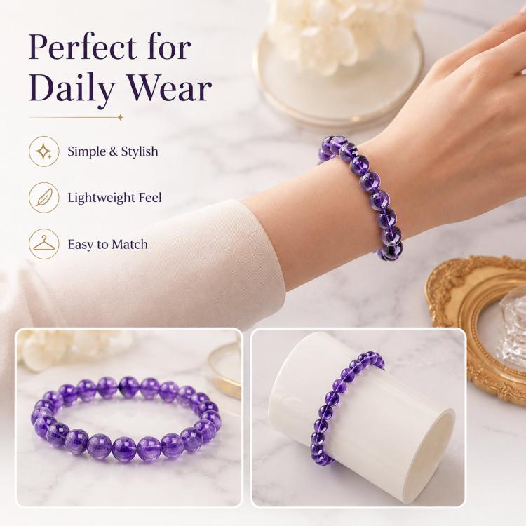 Natural Amethyst Beaded Bracelet Purple Crystal Healing Stone Stretch Bracelet, Mindful Spiritual Meditation Gemstone Jewelry Gift - A Purple