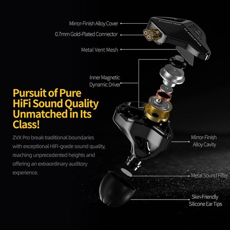 KZ ZVX PRO Dynamic In-Ear 1.2m Wired Earphones Deep Bass Hi-Fi Monitoring Earbuds, Spec: Standard