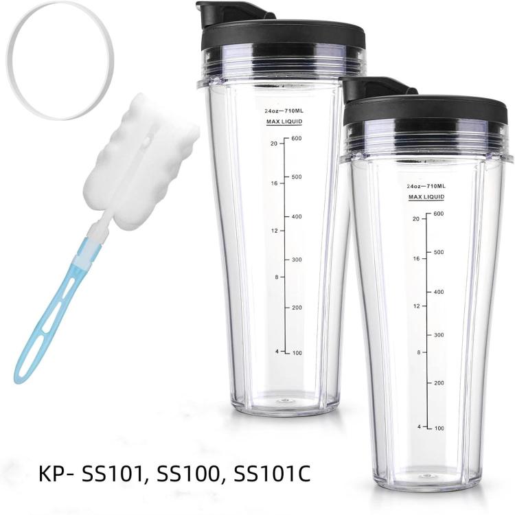 24oz Slim Replacement Cups and Lids Set For Ninja SS101 / SS100 / SS300, Spec: 2 Cups+2 Lids+Sealing Ring