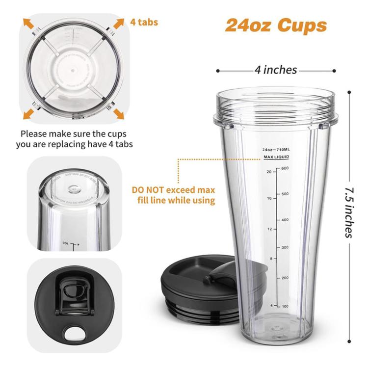 24oz Slim Replacement Cups and Lids Set For Ninja SS101 / SS100 / SS300, Spec: 2 Cups+2 Lids+Sealing Ring