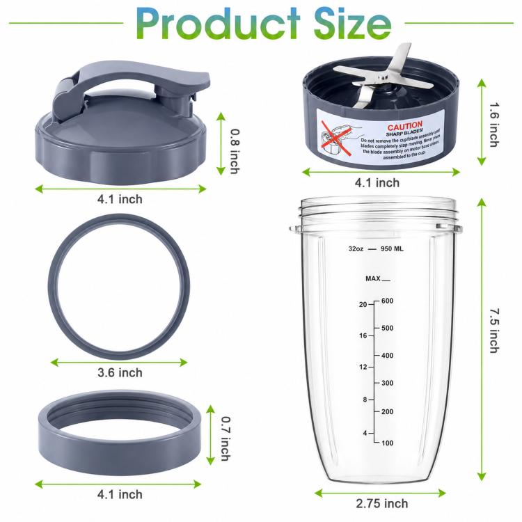 7-In-1 Replacement Parts Set For NutriBullet 600W & Pro 900W Accessory Kit With 32oz Cups, Extractor Blade, Flip-Top Lid,  Lid Ring And 2 Gaskets